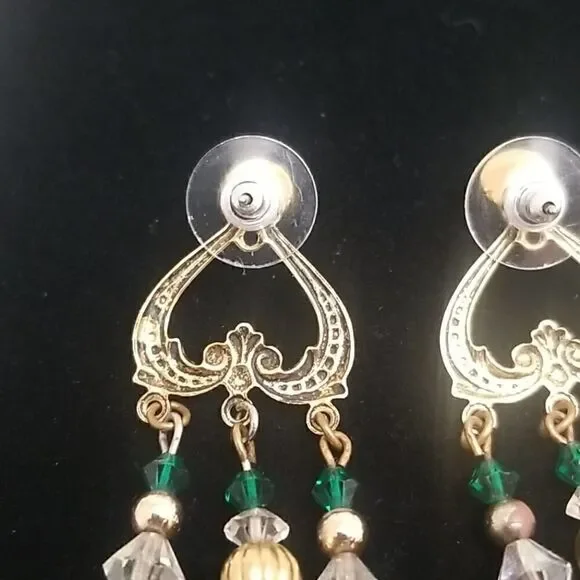 Chandelier Earrings Green 3 Rows Gold Post - Picture 8 of 11